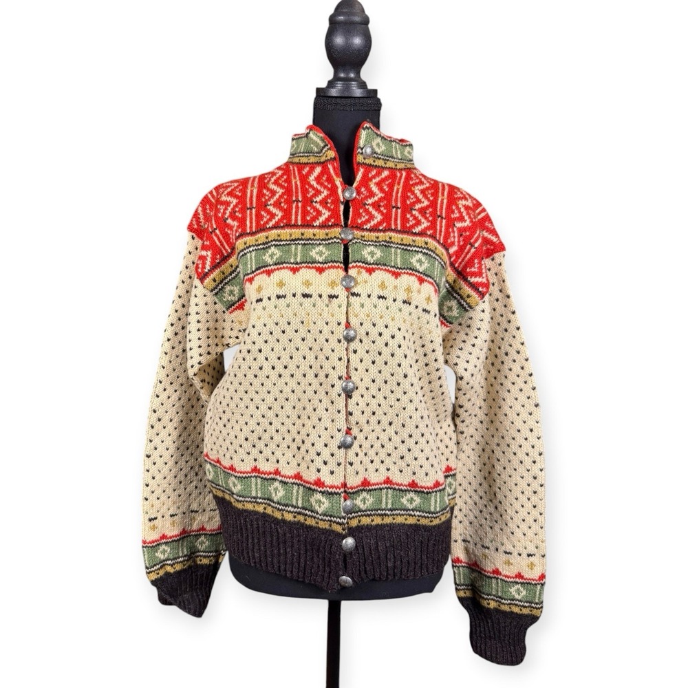 Fair Isle Husfliden Norwegian Nordic Knit Cardigan Sweater  Snowflake Buttons